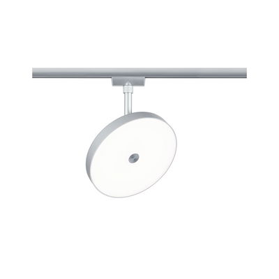 Round silver metal LED spotlight for track system with glare-free diffuser lighting