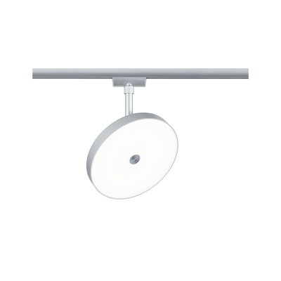 Round silver metal LED spotlight for track system with glare-free diffuser lighting