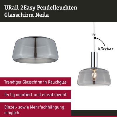 URail 2Easy Pendelleuchte mit rauchfarbenem Glasschirm, fertig montiert und kürzbar für flexible Beleuchtung