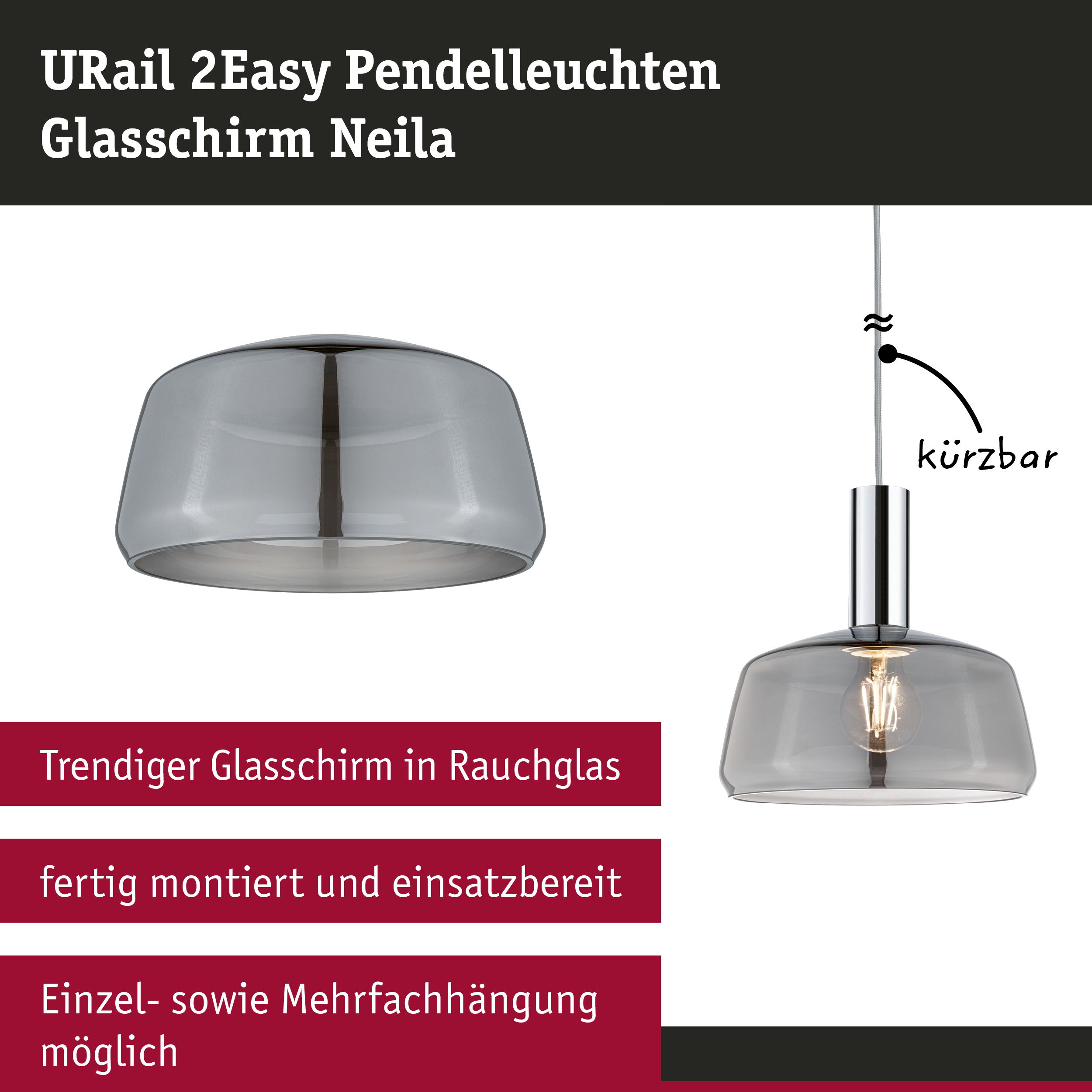 URail 2Easy Pendelleuchte Neila mit rauchfarbenem Glas und Chrom-Finish, moderne Hängelampe