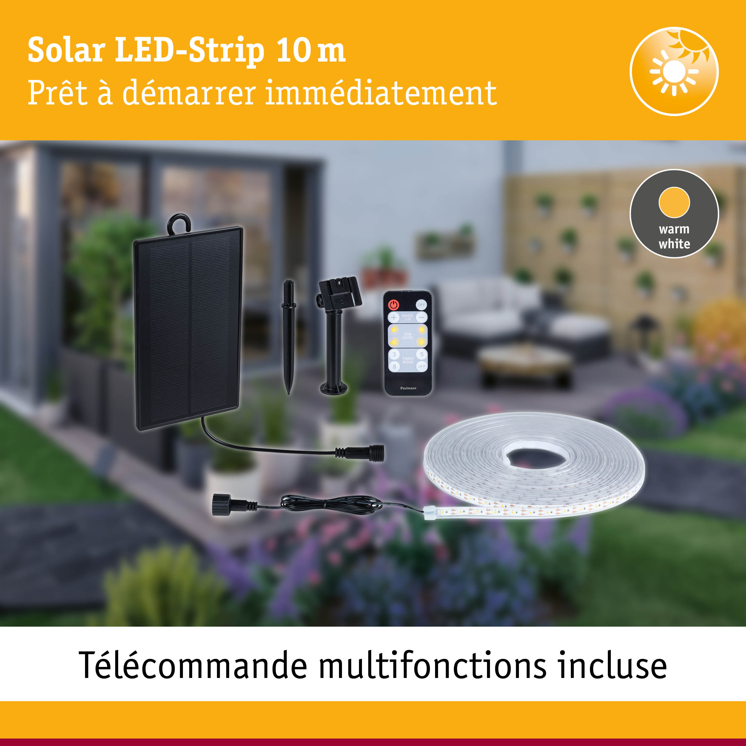 Bande LED solaire 10 m avec télécommande et lumière blanc chaud pour éclairage extérieur économique