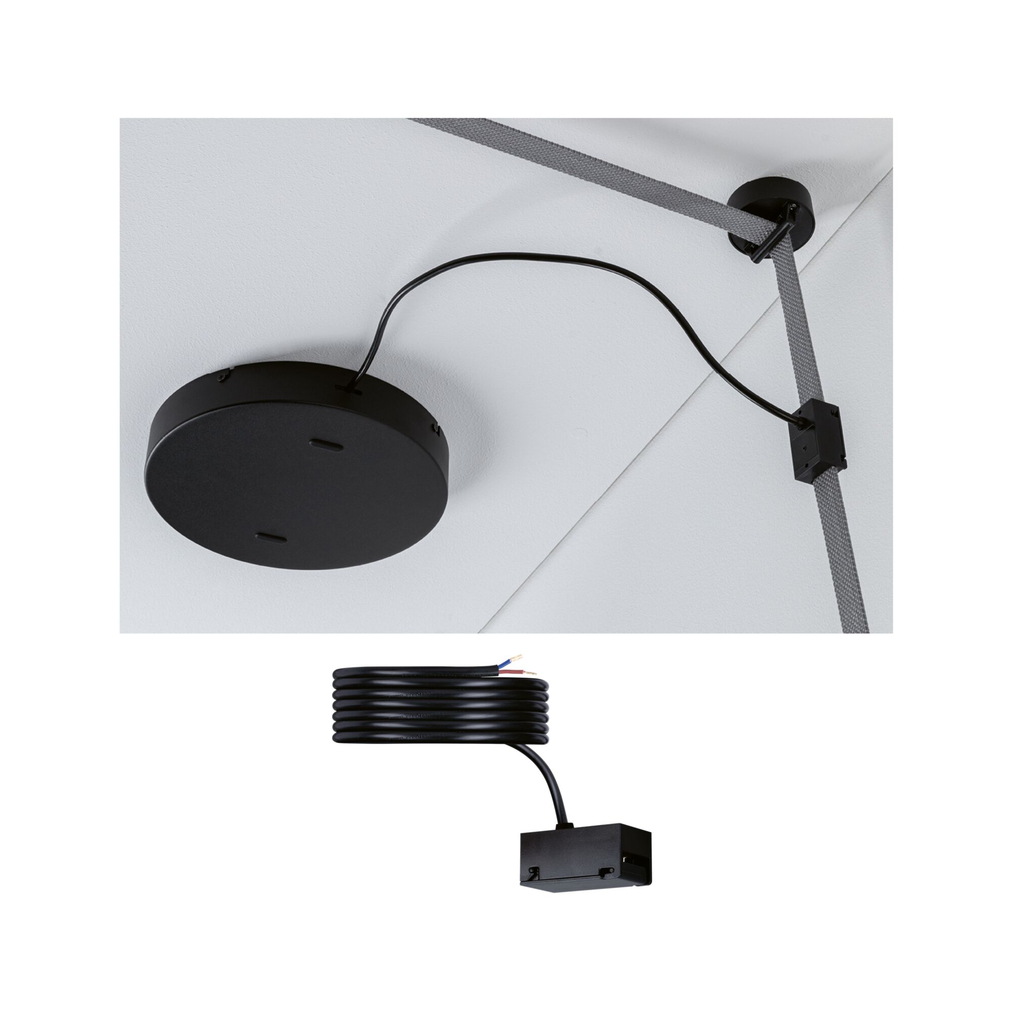 Black ceiling mount with cable and connector box for Paulmann LED lighting systems.
