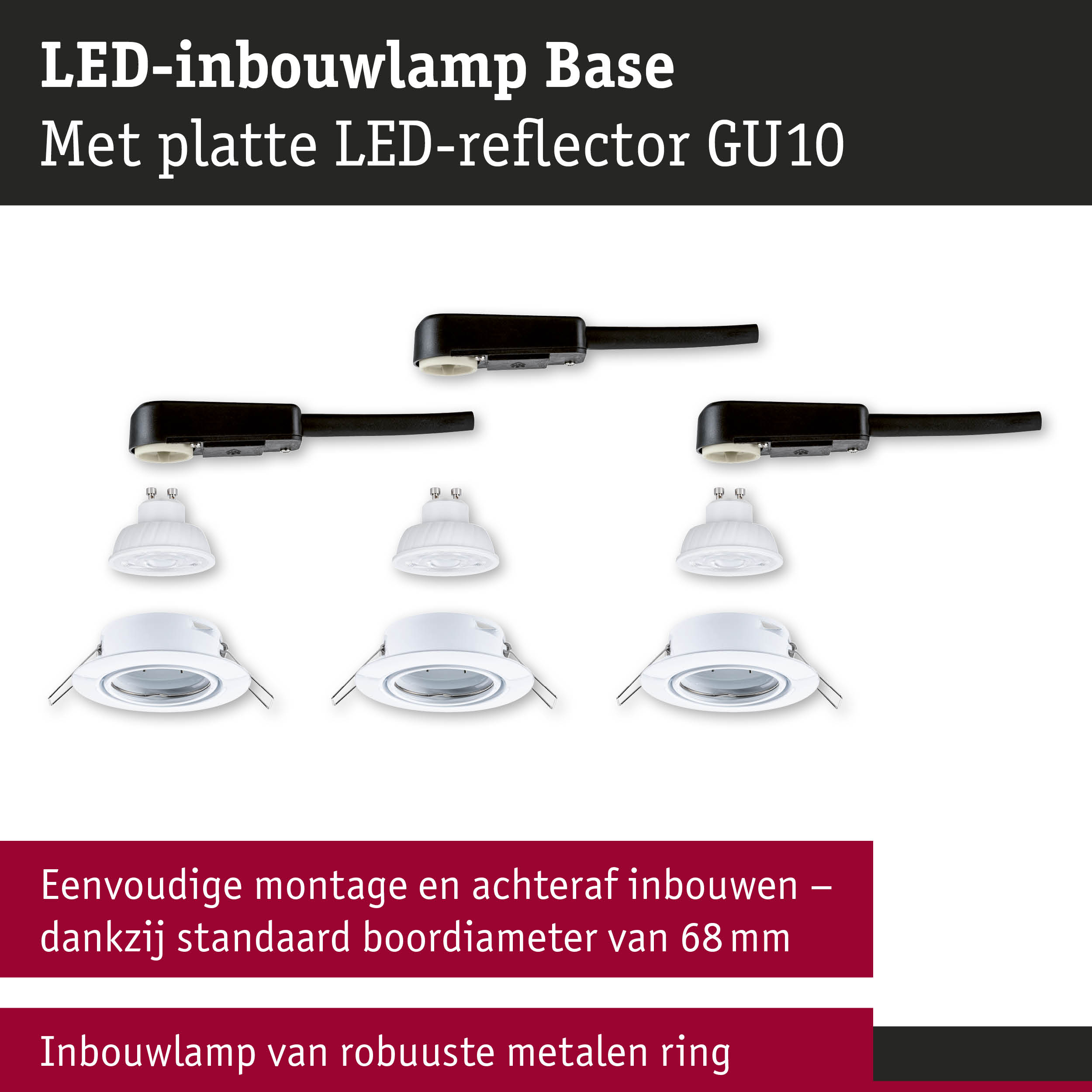 LED-inbouwlamp Base met platte LED-reflector GU10 en robuuste witte metalen ring voor eenvoudige montage