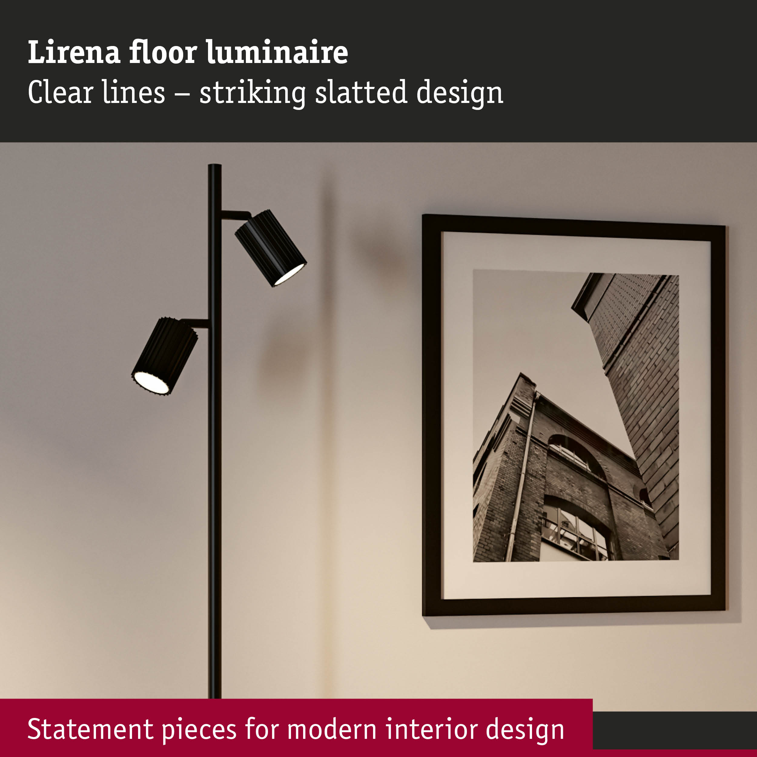Black Lirena floor lamp with slatted design and clear lines for modern interior lighting