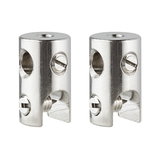 Twee zilverkleurige metalen klemmen met schroeven voor bevestiging in verlichtingssystemen