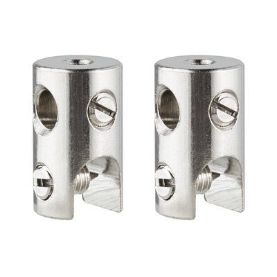 Twee zilverkleurige metalen klemmen met schroeven voor bevestiging in verlichtingssystemen