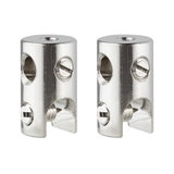 Twee zilverkleurige metalen klemmen met schroeven voor bevestiging in verlichtingssystemen