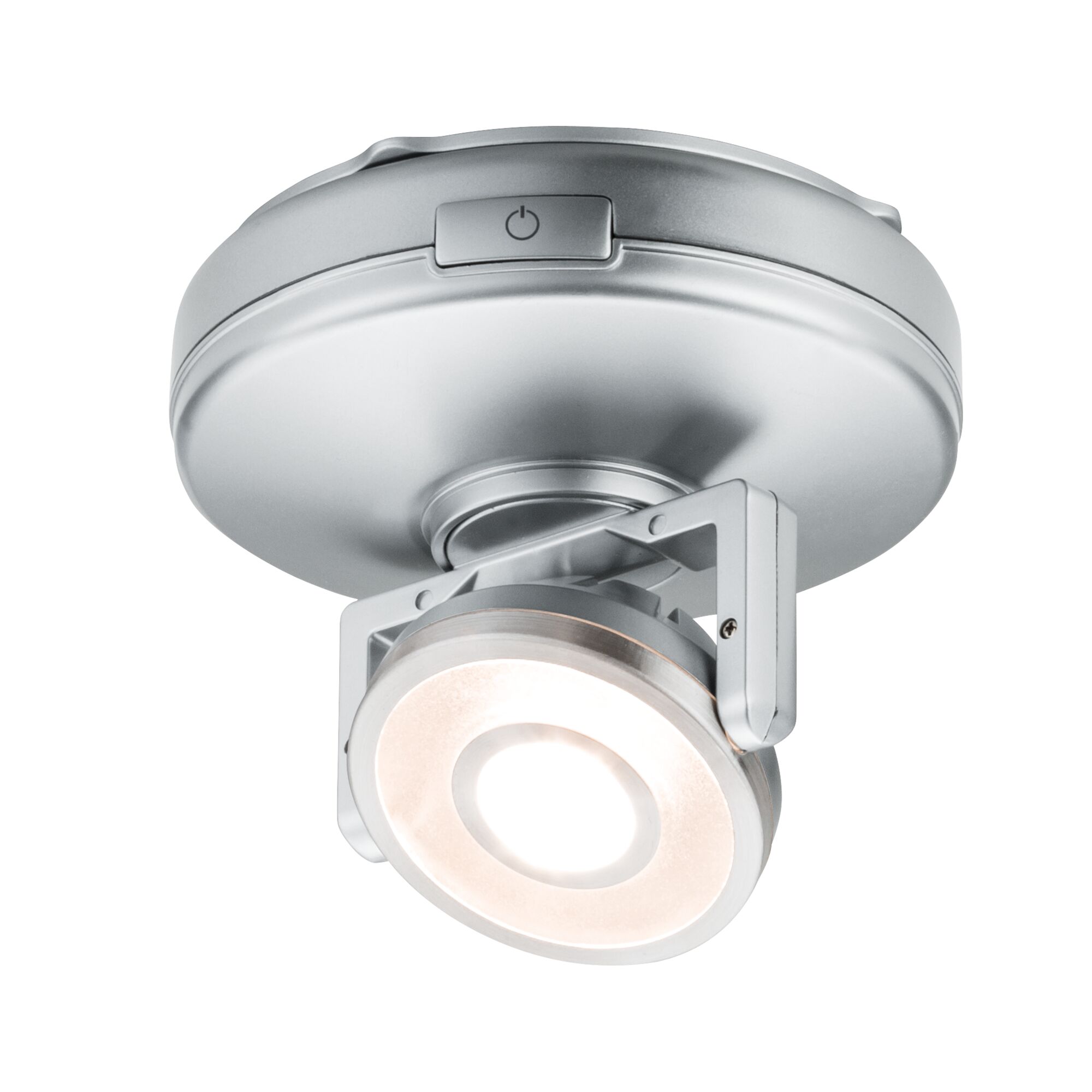Spot LED de plafond en métal argenté avec tête orientable et bouton marche/arrêt pour éclairage intérieur