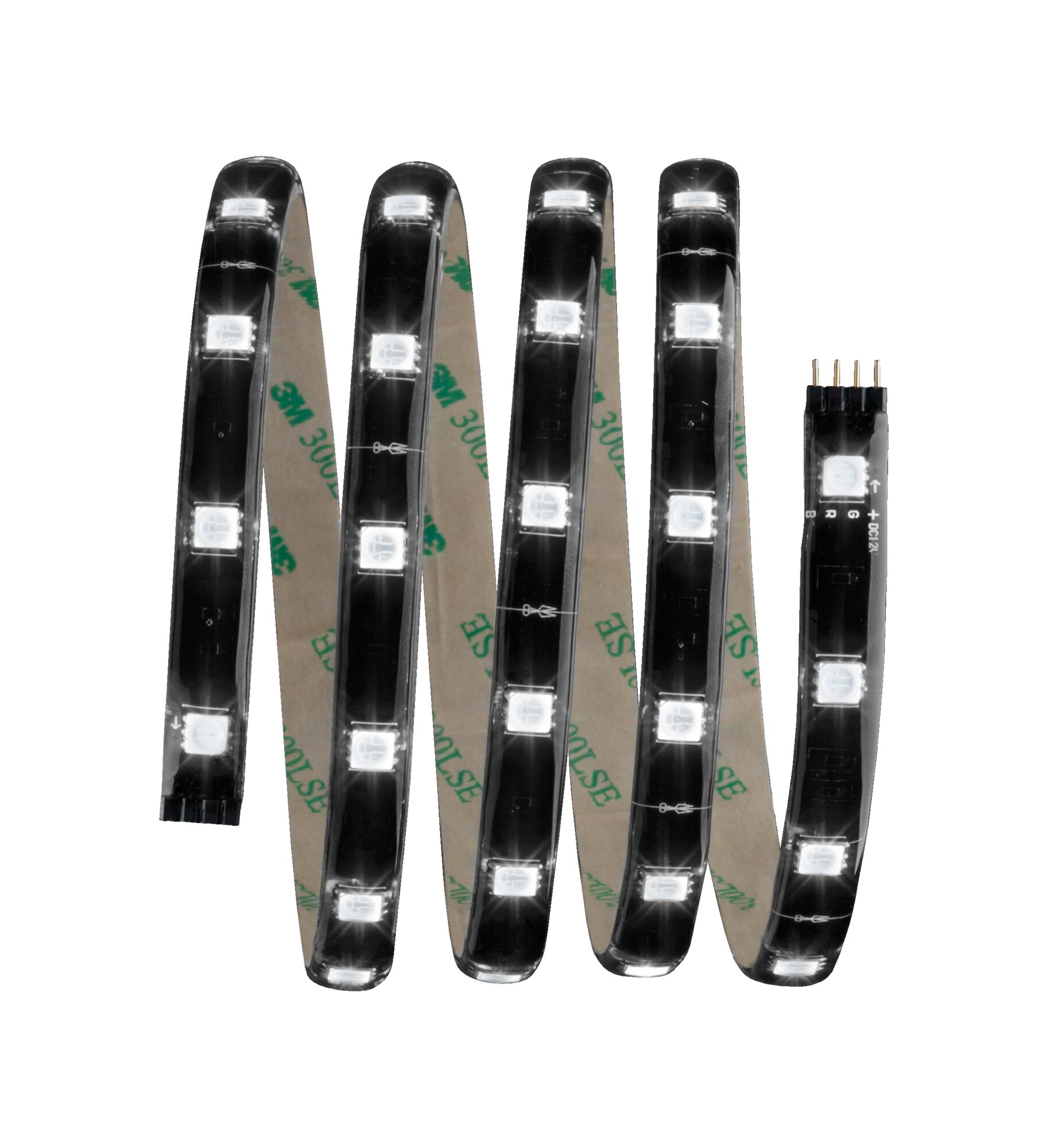 Flexible LED strip with white LEDs and adhesive backing for versatile lighting solutions.