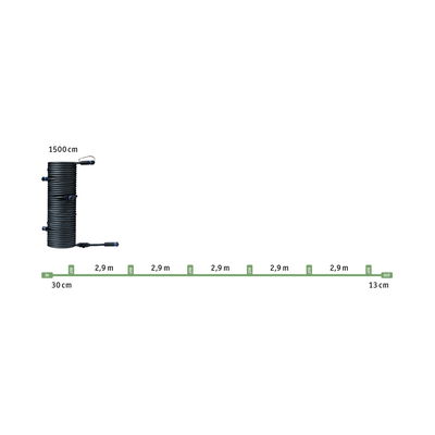 Zwarte kabel van 1500 cm met meerdere segmenten van 2,9 m en aansluitingen voor verlichtingssystemen