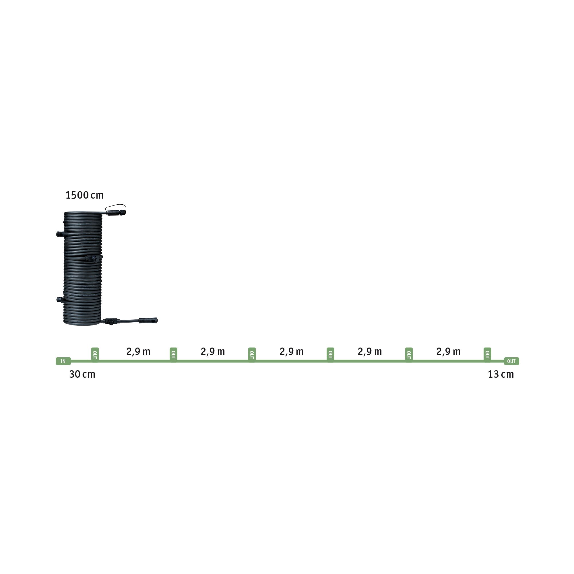 Black 1500 cm cable with connectors and 2.9 m segments for lighting system installation