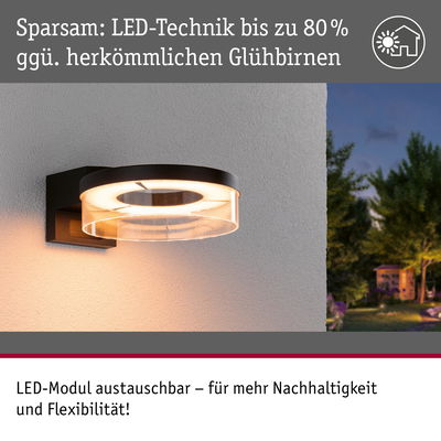 Moderne LED-Außenwandleuchte mit schwarzem Metall und klarem Glas, energiesparend und flexibel austauschbar