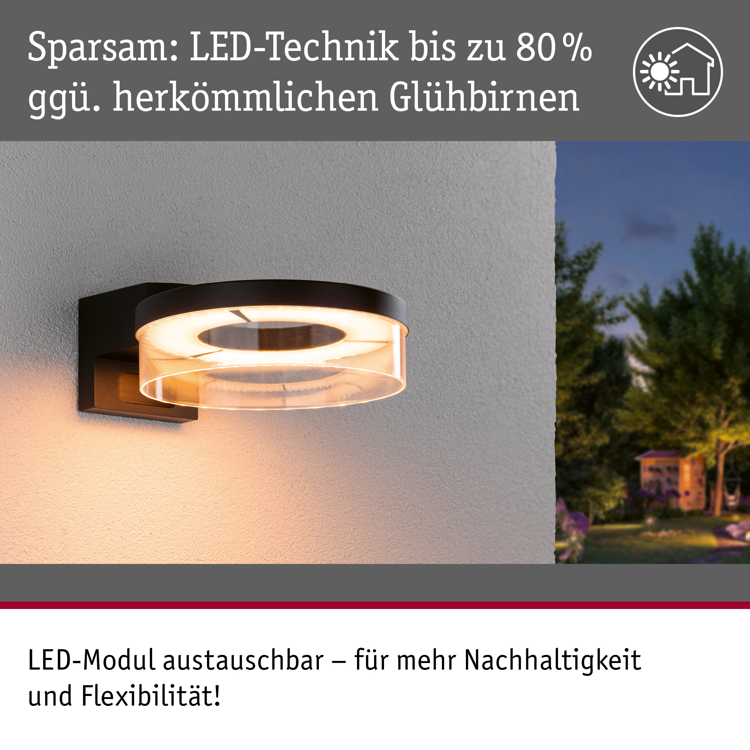 Moderne LED-Außenwandleuchte in Schwarz mit warmweißem Licht und energiesparender Technik