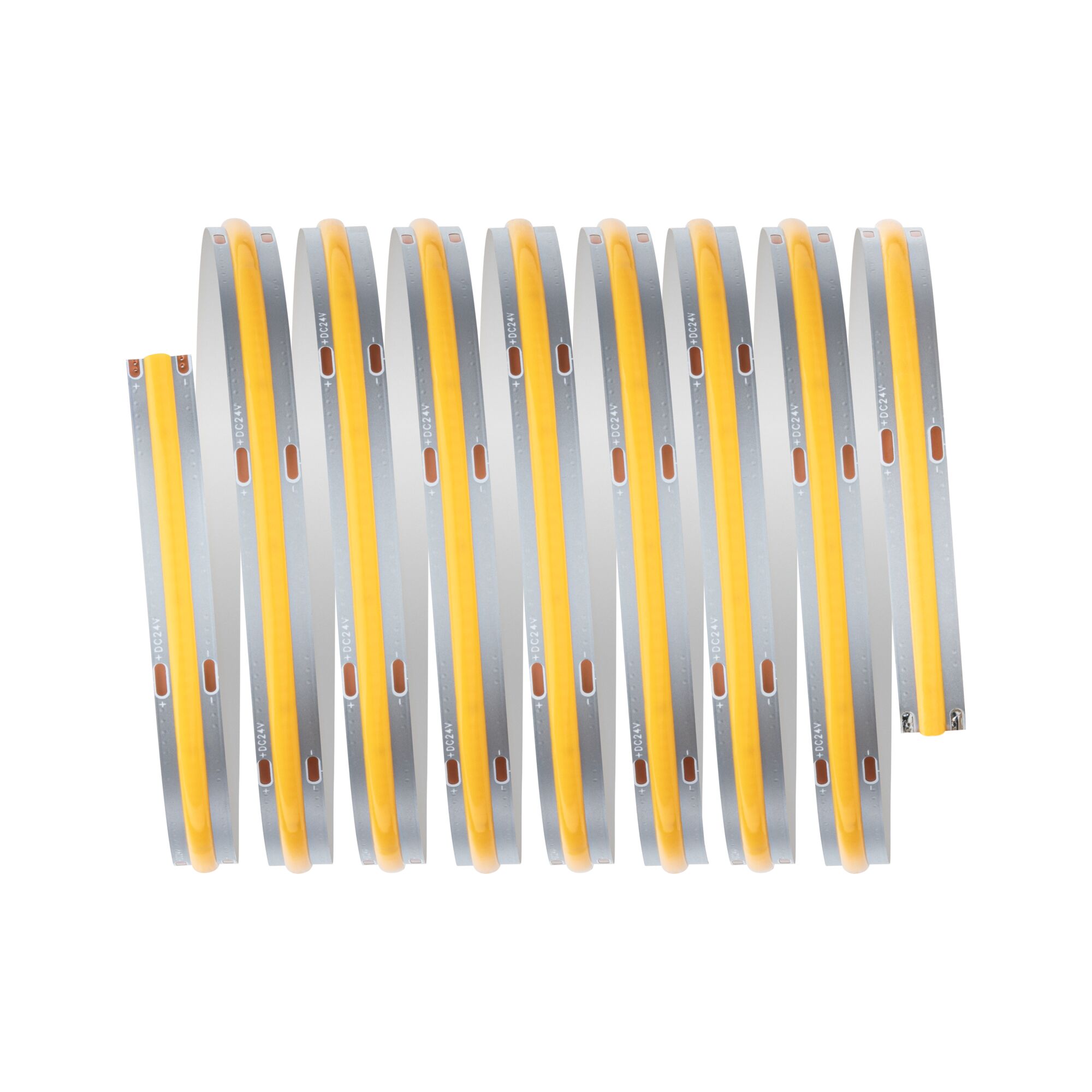 Flexible LED strip with warm white light and silver base for versatile lighting applications
