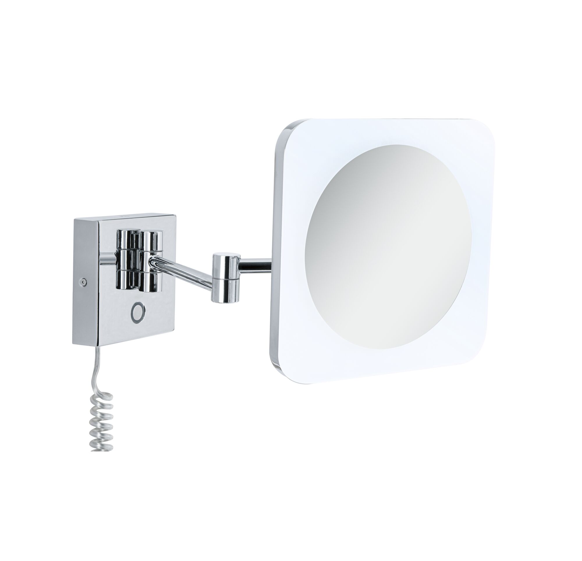 Square wall mirror with chrome metal arm and LED light, ideal for bathroom and cosmetic use.