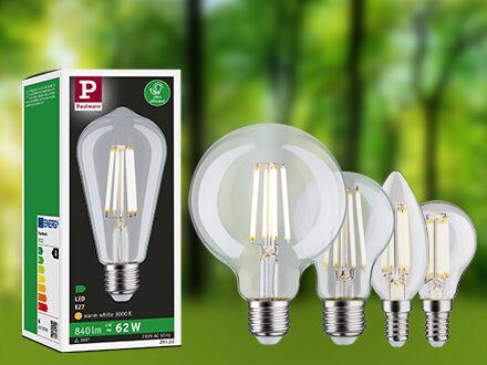 Vier LED-filamentlampen in verschillende vormen met E27-fitting, warm wit licht, energiezuinige opties