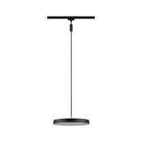 Black round LED pendant light in metal with white diffuser for modern indoor lighting