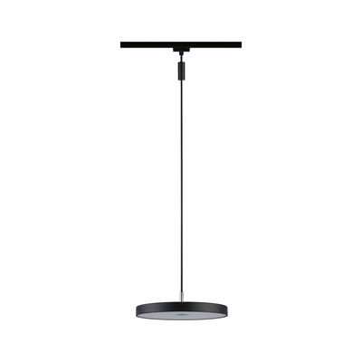 Black round LED pendant light in metal with white diffuser for modern indoor lighting