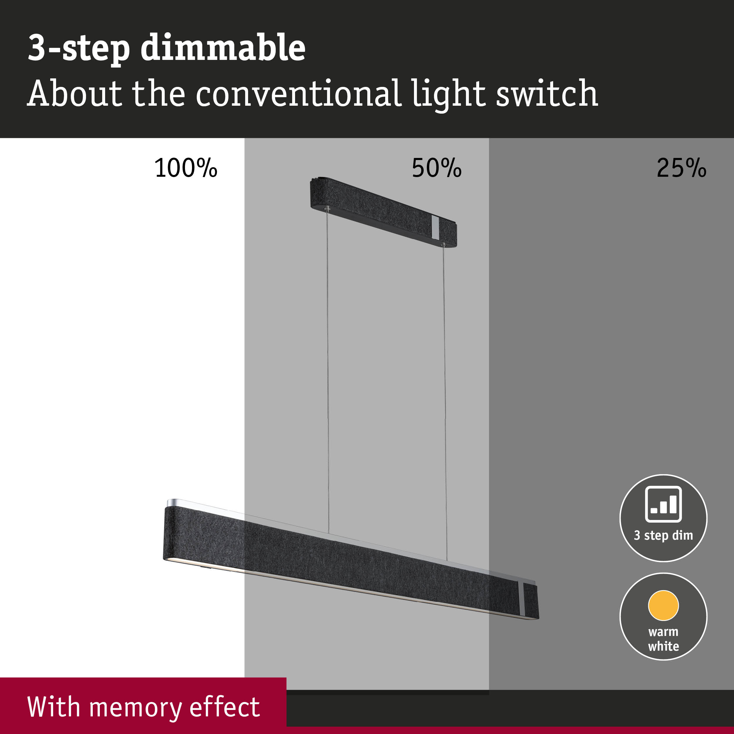 Black dimmable LED pendant light with 3-step dimming and memory effect for warm white light