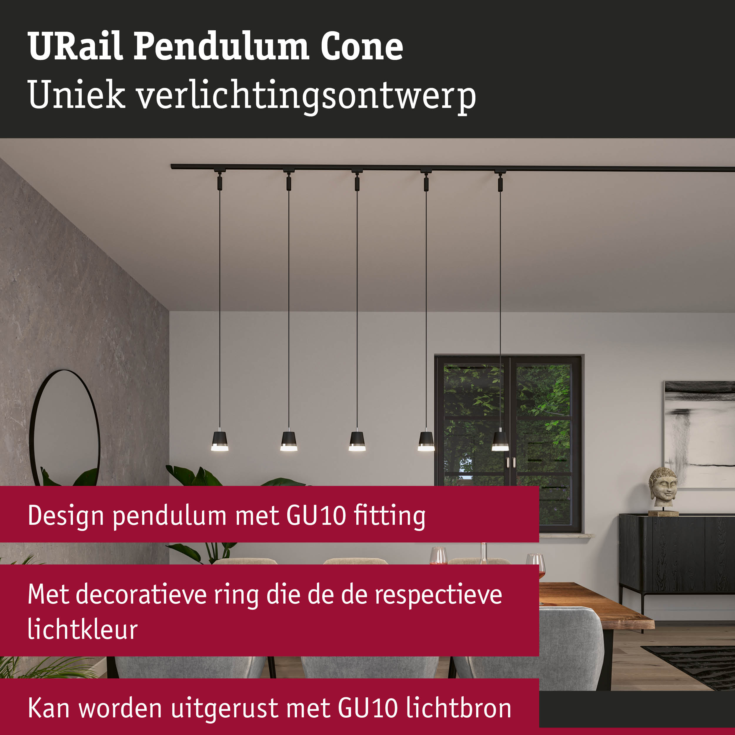 Zwarte URail Pendulum Cone hanglamp met GU10 fitting en decoratieve ring in moderne eetkamer