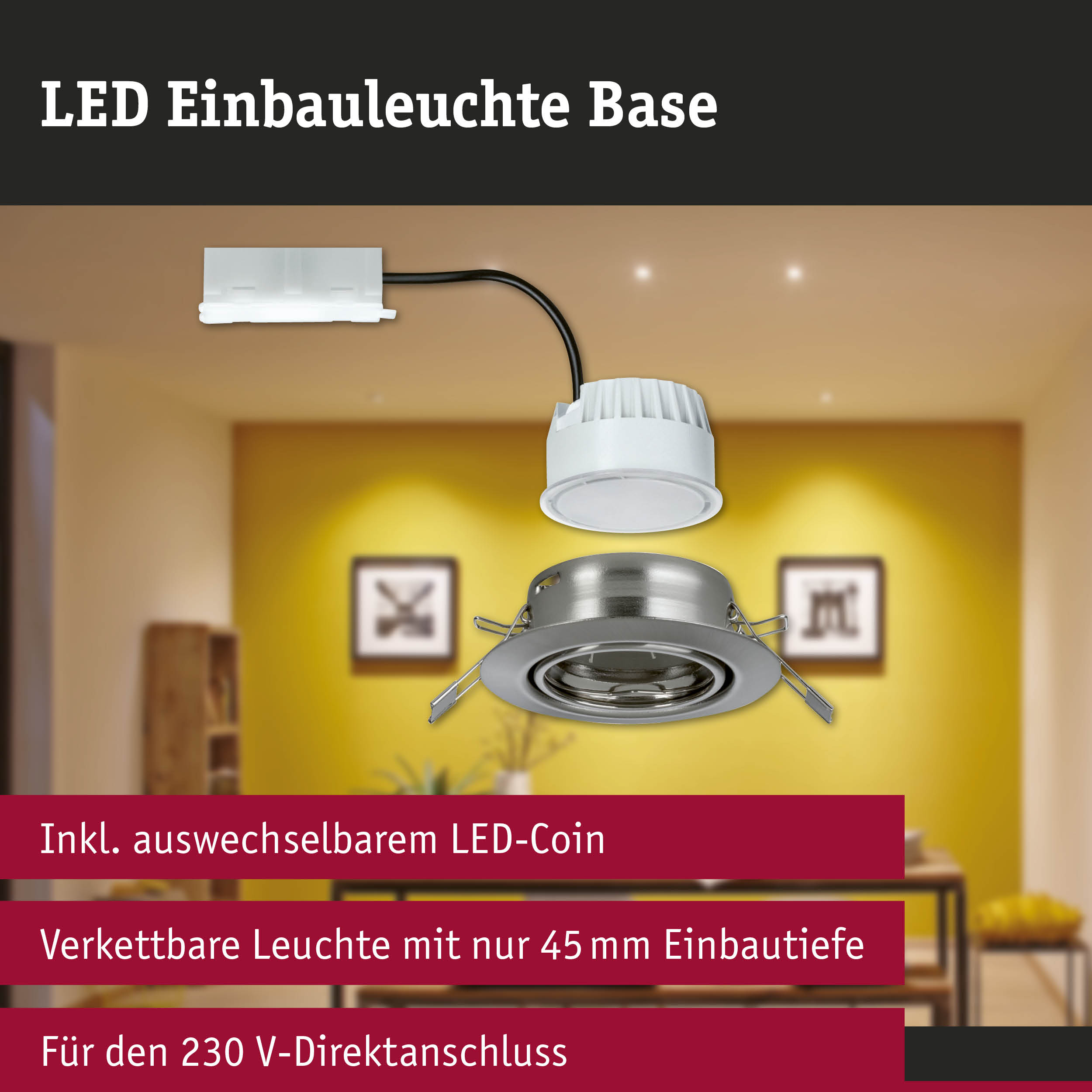 LED Einbauleuchte Base aus Metall in Silber mit austauschbarem LED-Coin für 230V Direktanschluss