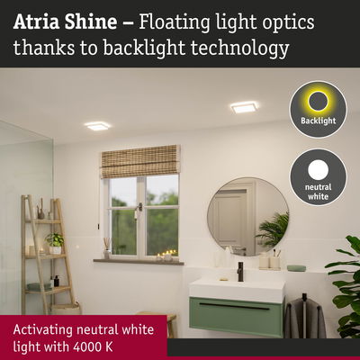 Modern bathroom with Atria Shine LED ceiling lights in neutral white light and backlight technology