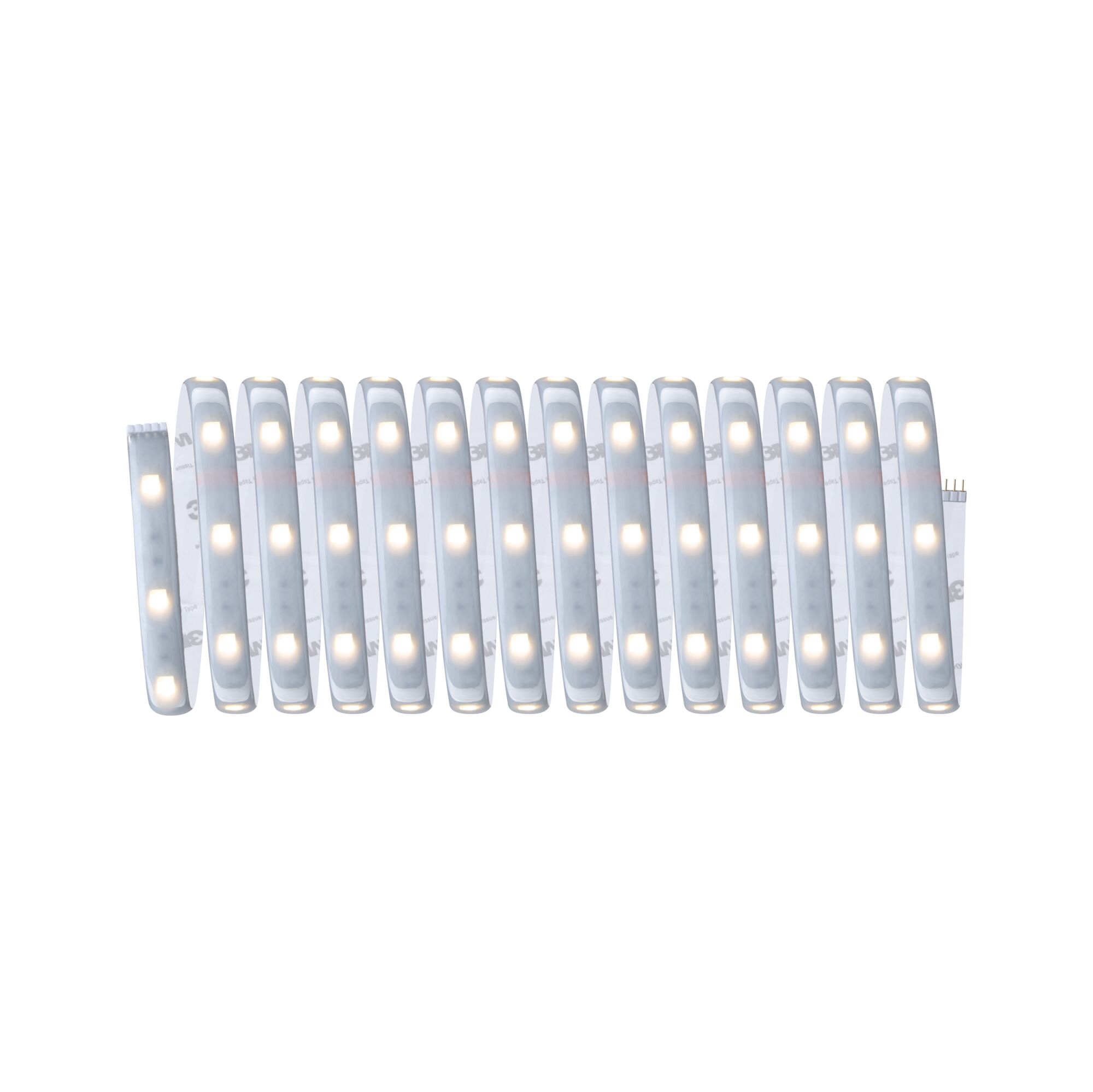 Flexible LED strip light with warm white LEDs and adhesive backing for versatile lighting solutions.