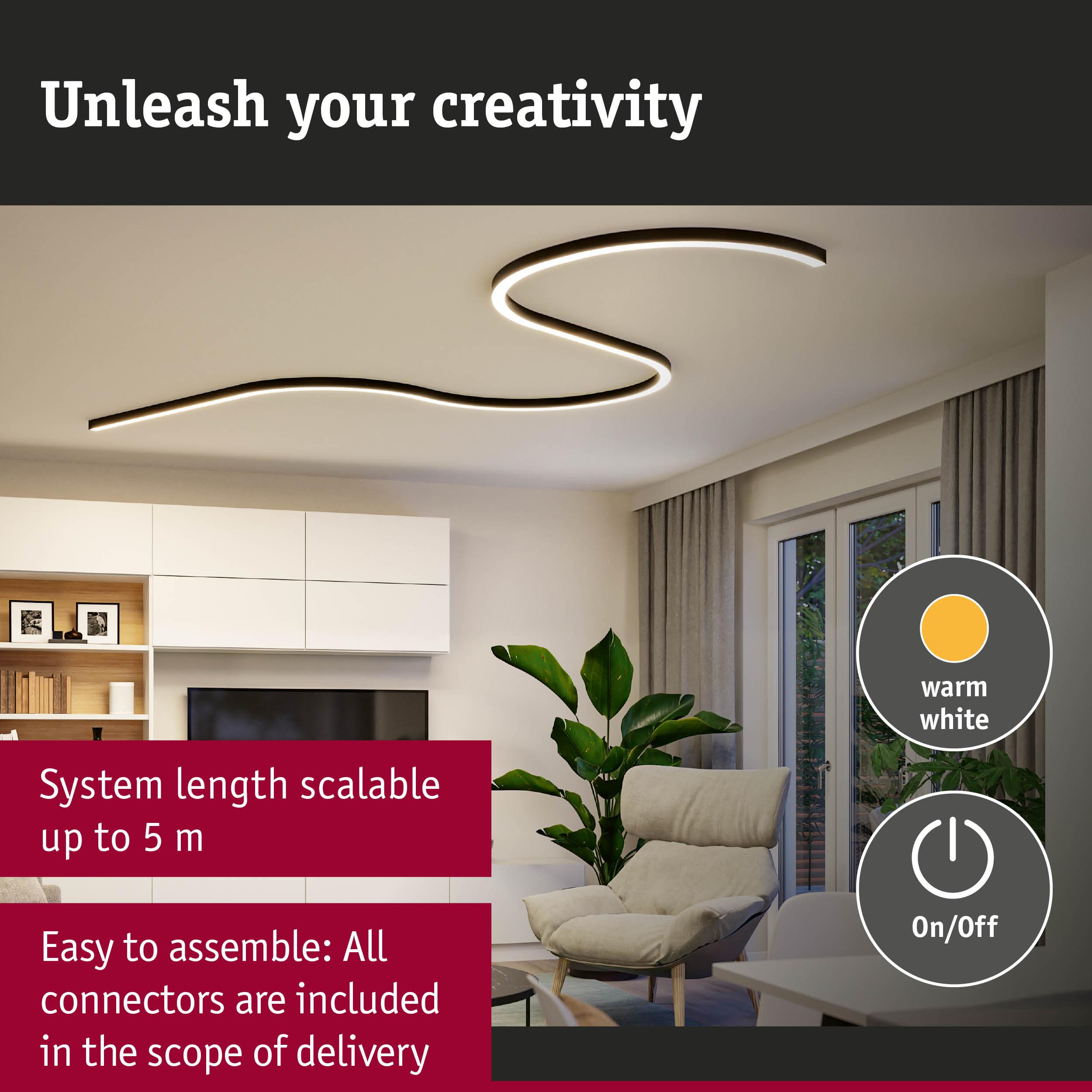Black curved LED ceiling light with warm white illumination in a modern living room setting