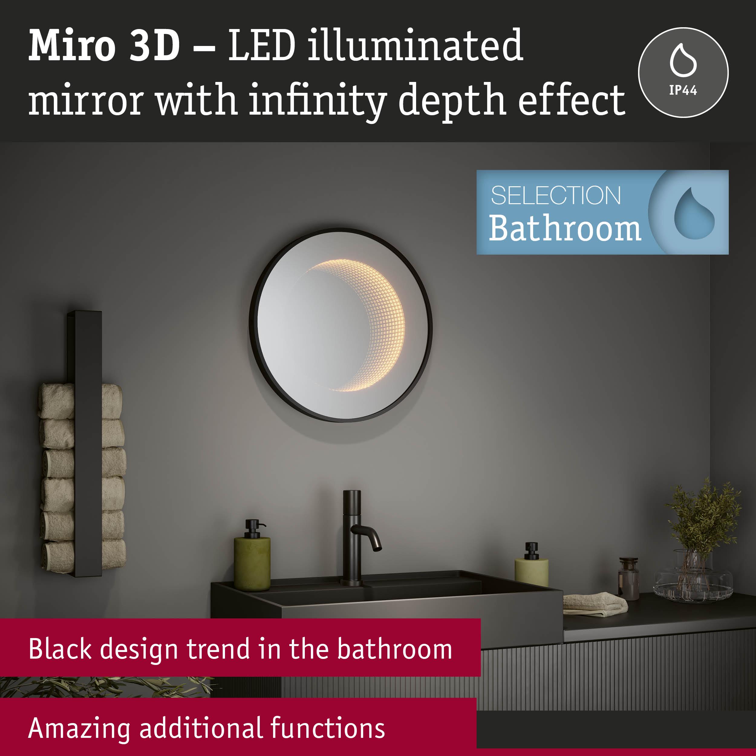 Round Miro 3D LED illuminated mirror with infinity depth effect and black frame for modern bathroom