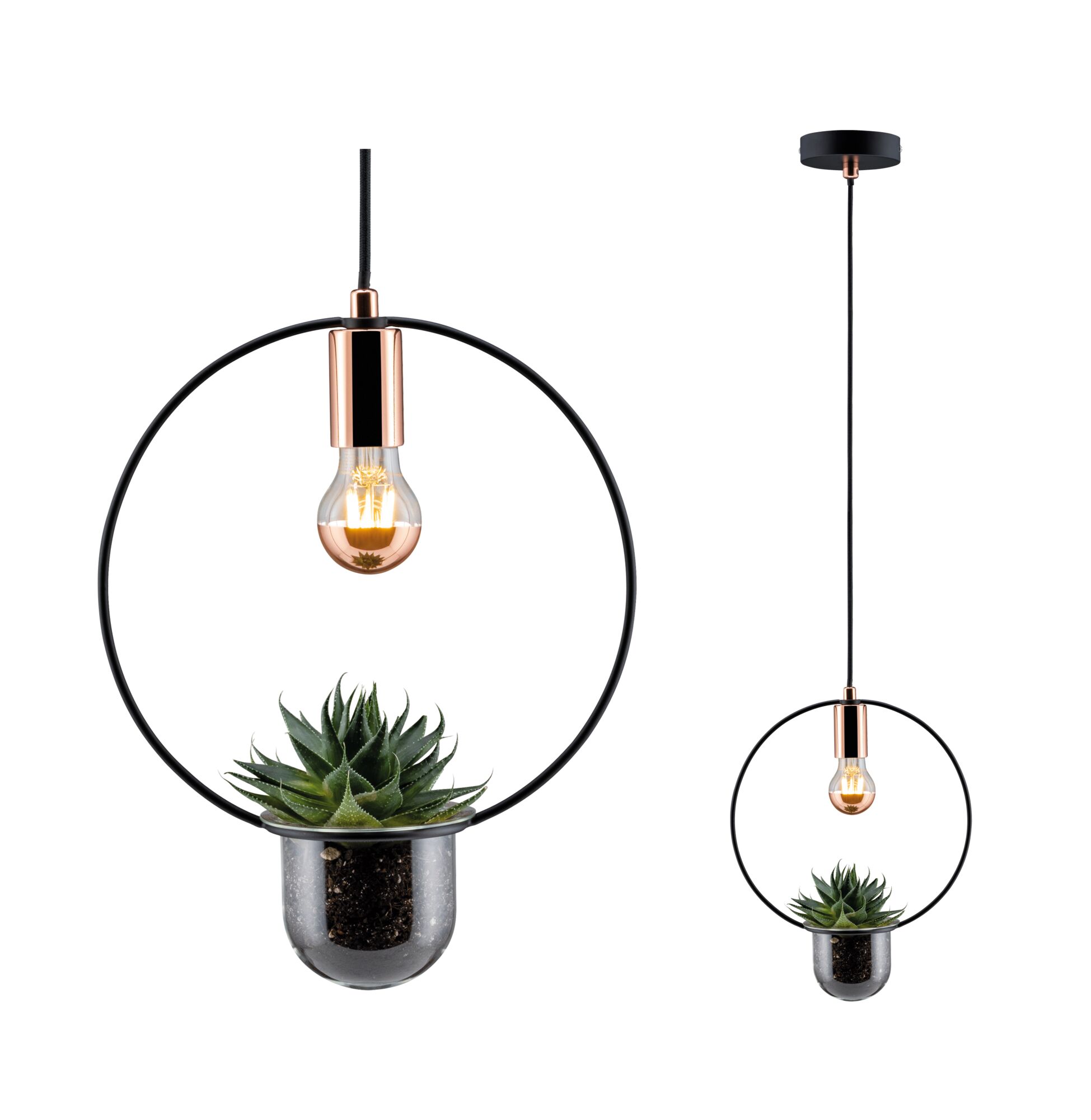 Black metal pendant lamp with copper socket and built-in planter holding a green succulent plant.