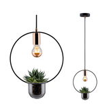 Black metal pendant lamp with copper socket and built-in planter holding a green succulent plant.