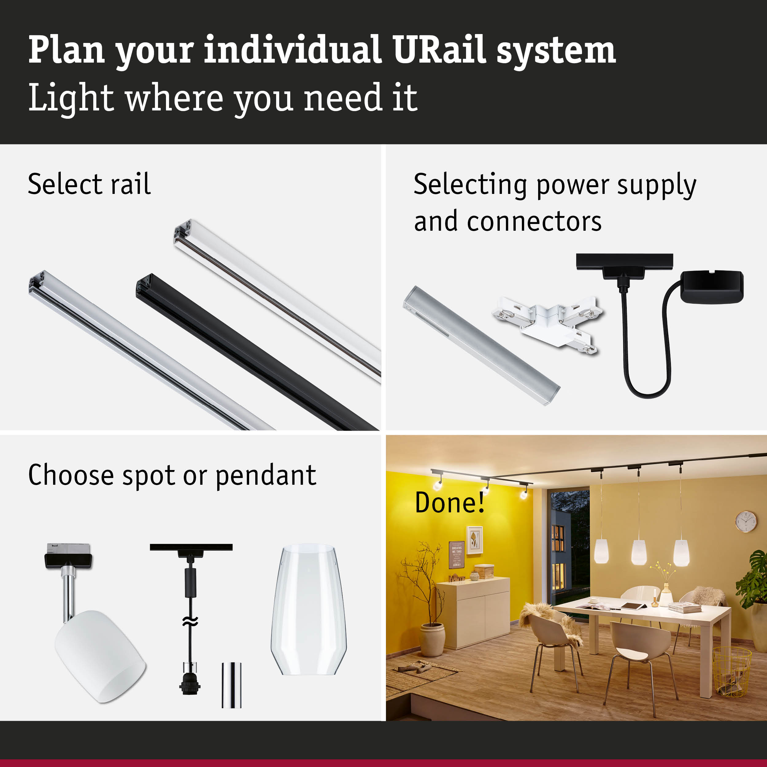 Modular URail track system with rails, power supply, and spot or pendant lights for customizable lighting