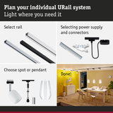 Modular URail track system with rails, power supply, and spot or pendant lights for customizable lighting