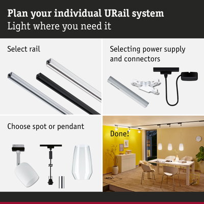 Modular URail track system with rails, power supply, and spot or pendant lights for customizable lighting