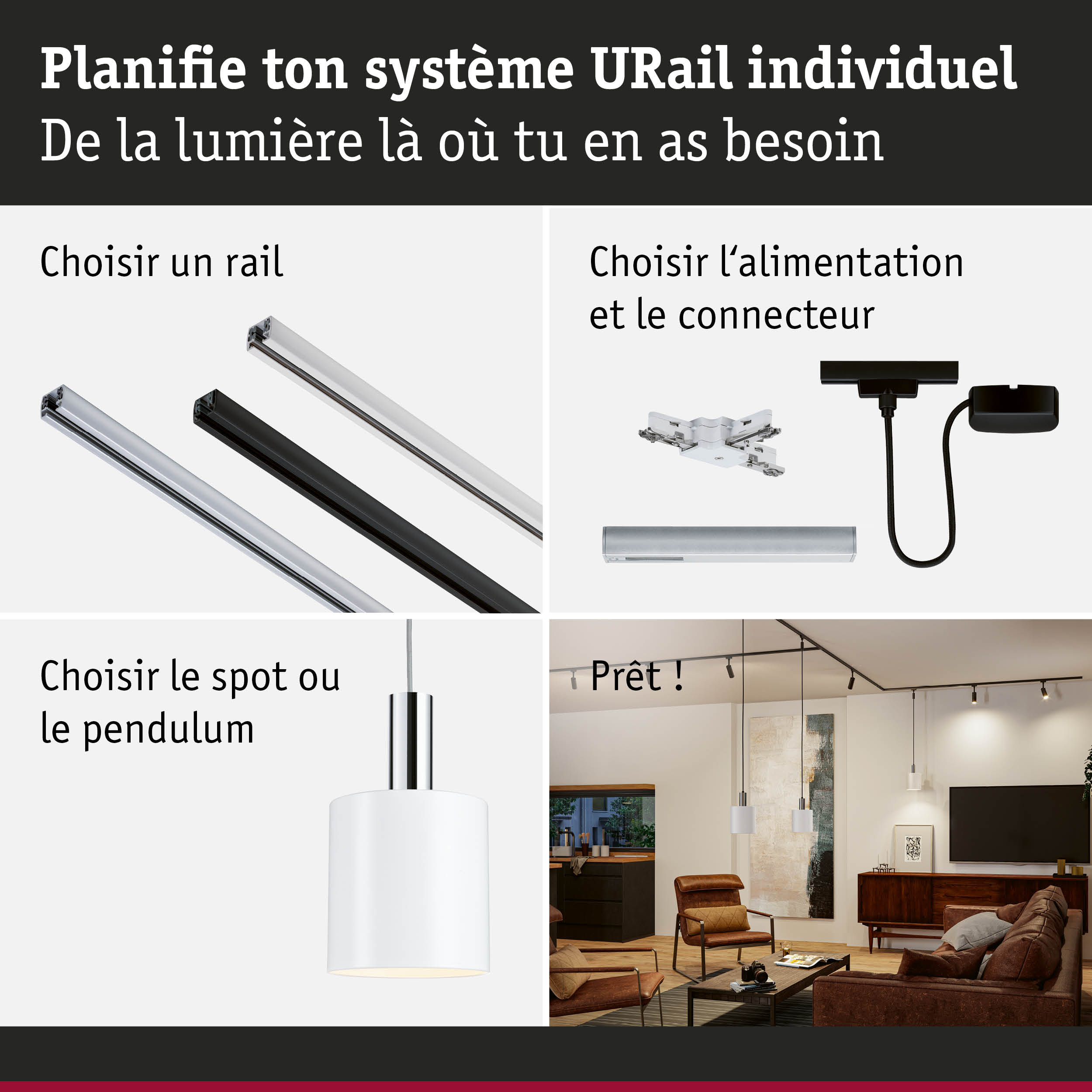 Système de rail URail modulaire en aluminium noir et blanc pour éclairage LED flexible