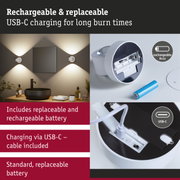 White LED wall light with USB-C charging and replaceable battery for extended lighting duration