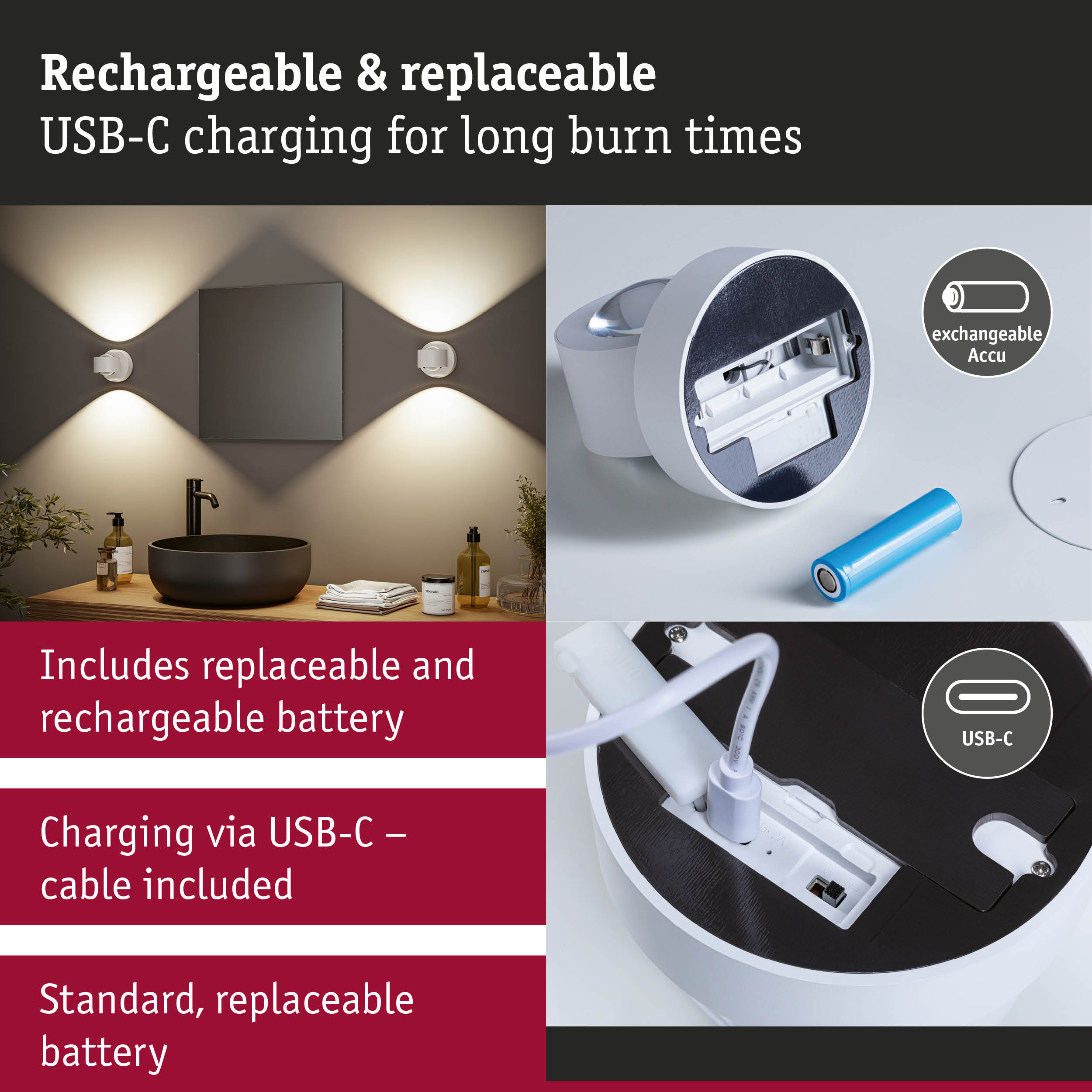 White LED wall light with USB-C charging and replaceable battery for extended lighting duration