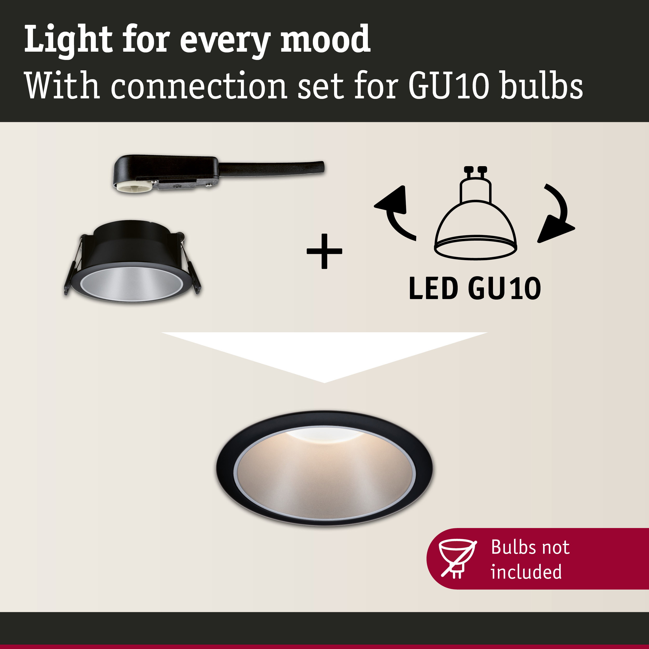 Black recessed spotlight with connection set for GU10 LED bulbs, lamp without bulbs included