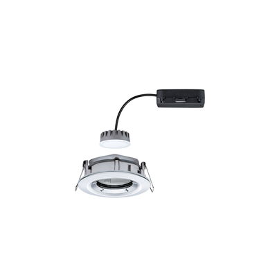 Round silver metal LED recessed light set with white diffuser and black cable for ceiling