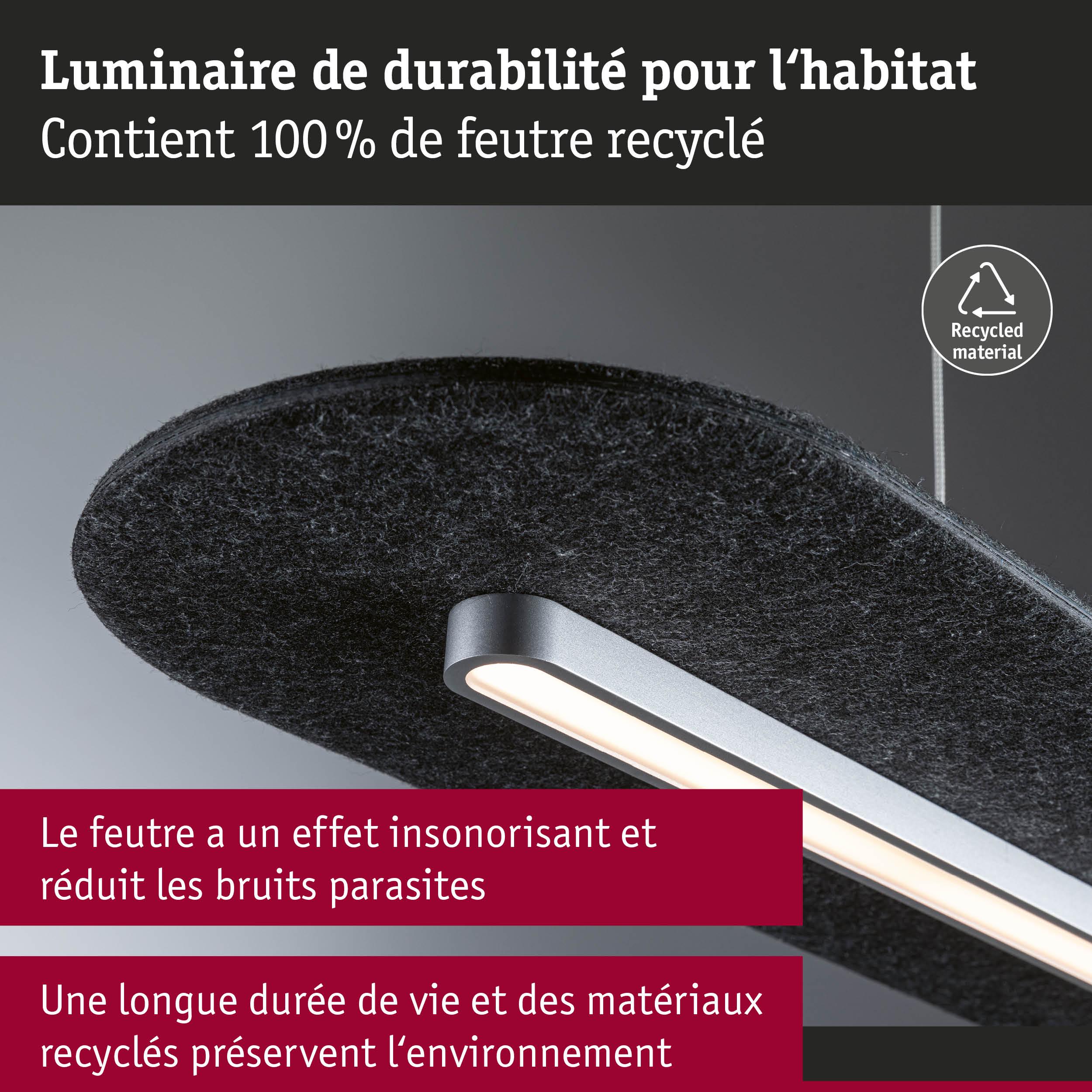 Luminaire de plafond en feutre noir avec bande LED, fabriqué en matériau recyclé pour un éclairage durable