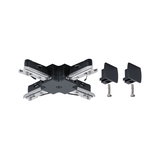 Connecteur noir en métal et plastique pour système de rails avec deux vis en accessoires.