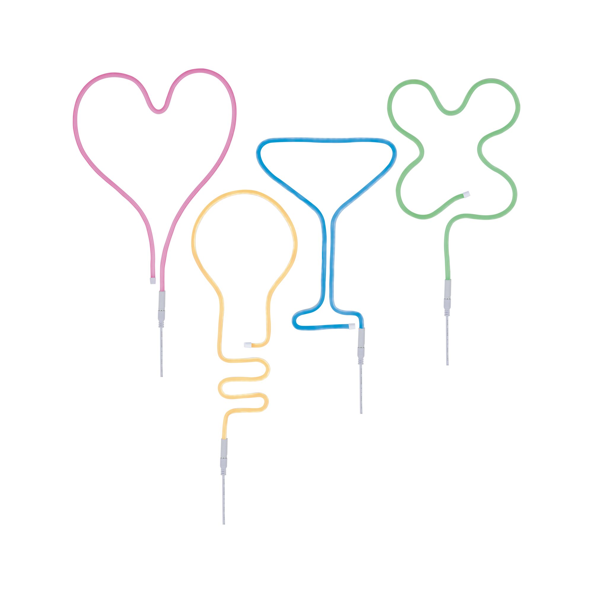 Colorful LED neon lights shaped as heart, bulb, cocktail, and butterfly for decorative lighting