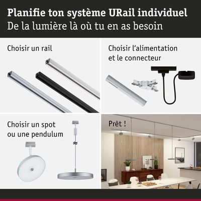 Système modulaire URail avec rails en aluminium argent et noir, spots LED et suspensions pour éclairage intérieur