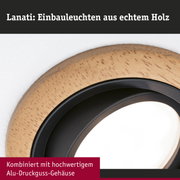 Runde Einbauleuchte aus hellem Holz mit schwarzem Aluminium-Druckgussgehäuse für moderne Innenbeleuchtung