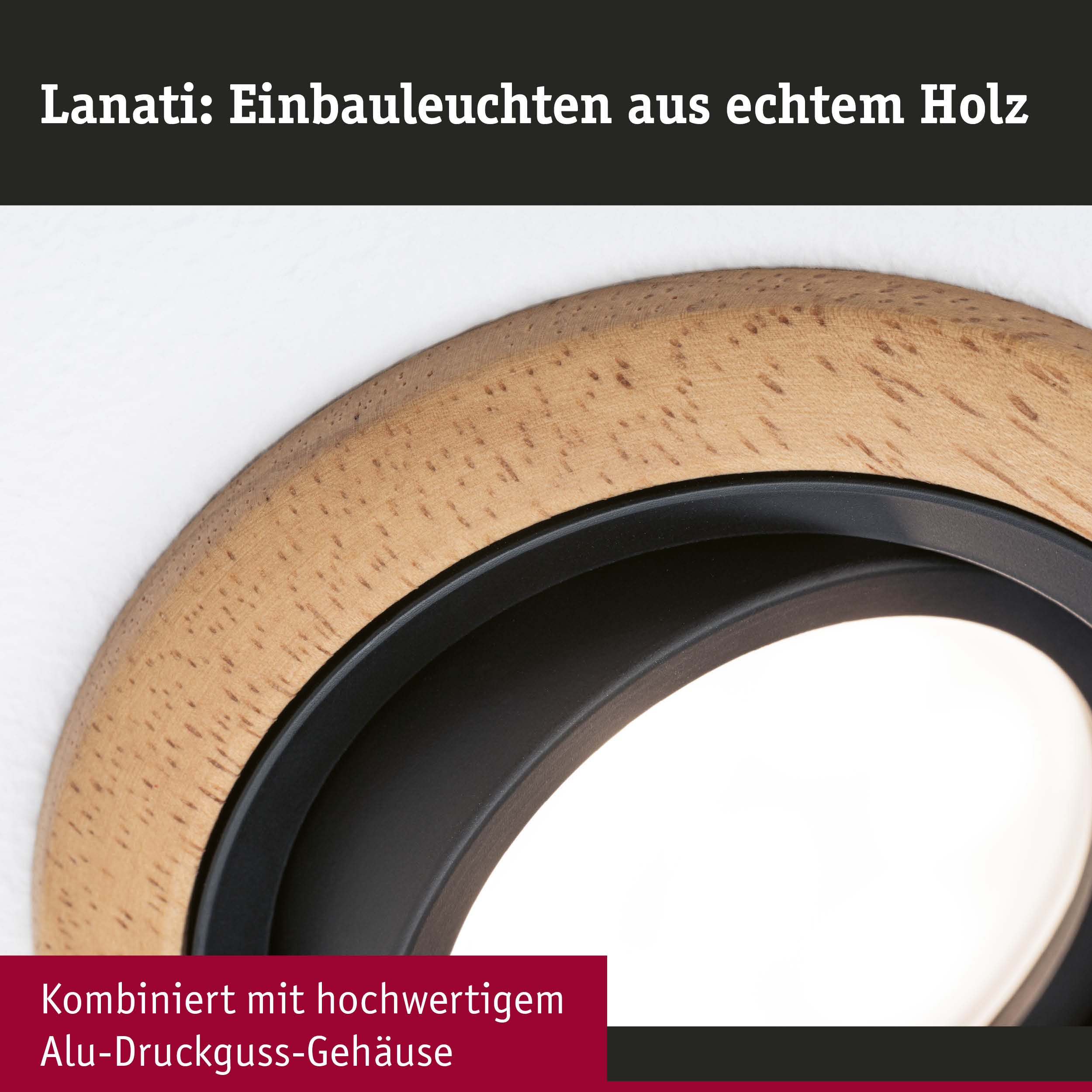 Runde Einbauleuchte aus hellem Holz mit schwarzem Aluminium-Druckgussgehäuse für moderne Innenbeleuchtung