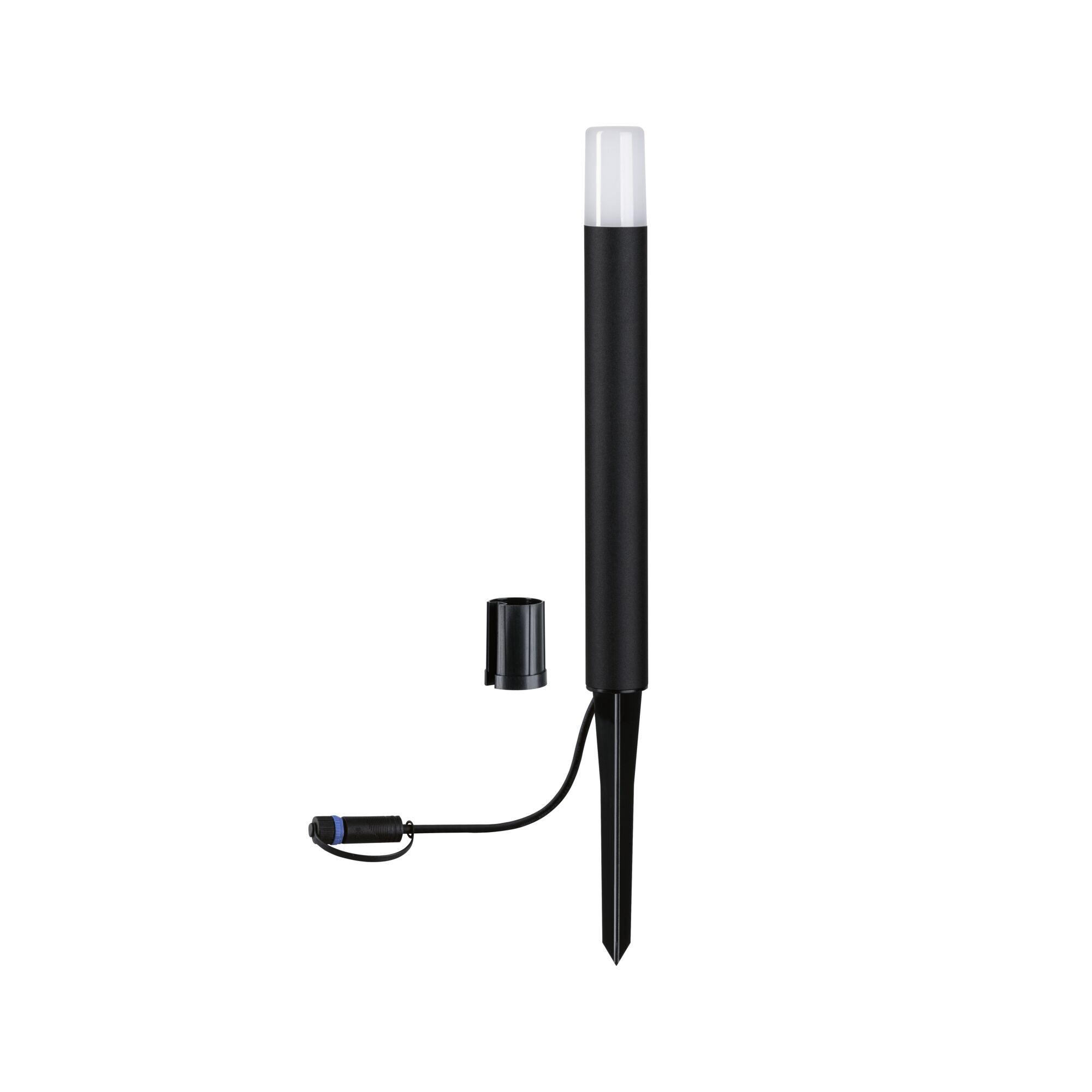Black LED garden light with white diffuser and plastic ground spike for outdoor lighting