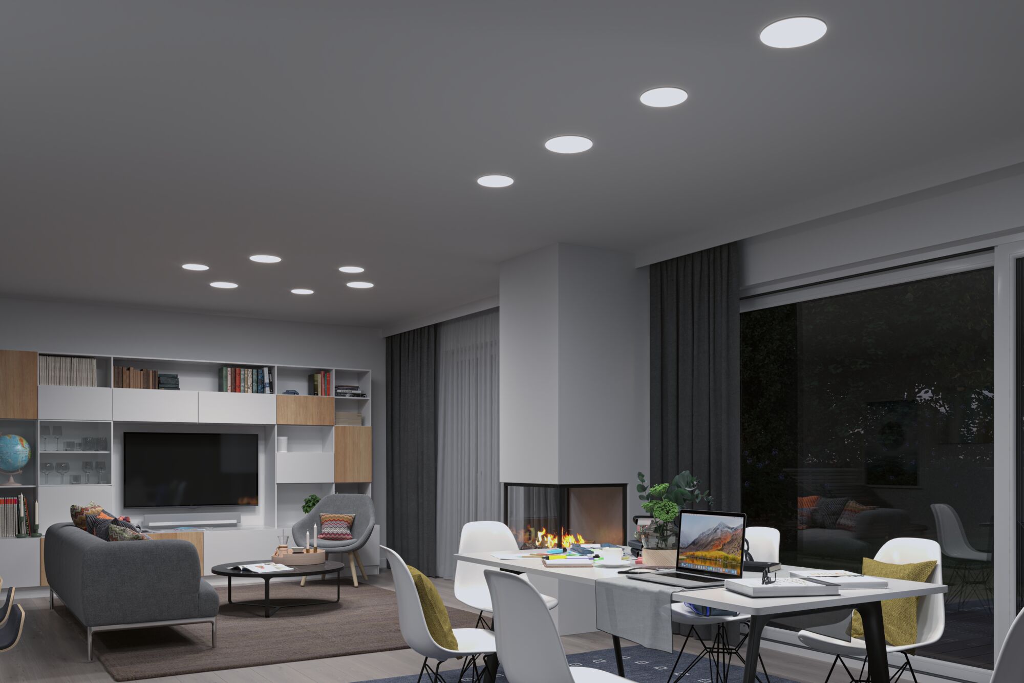 Moderne stue med hvide LED-indbygningsspots i loftet, grå sofa og pejs for hyggelig belysning