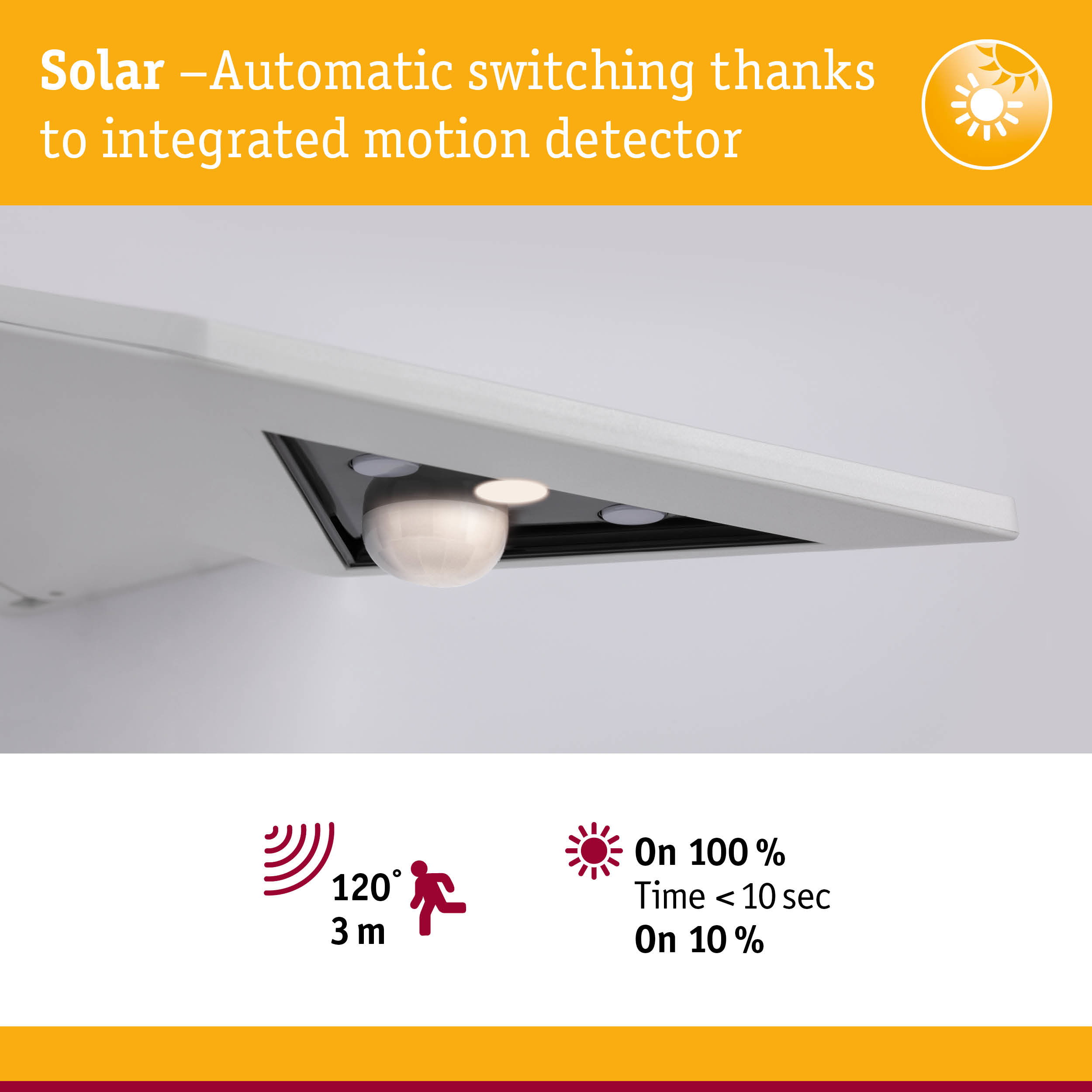 White motion detector with integrated solar panel and automatic switching for energy-saving lighting