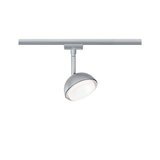 Modern silver LED spotlight with round head on track system for flexible lighting solutions