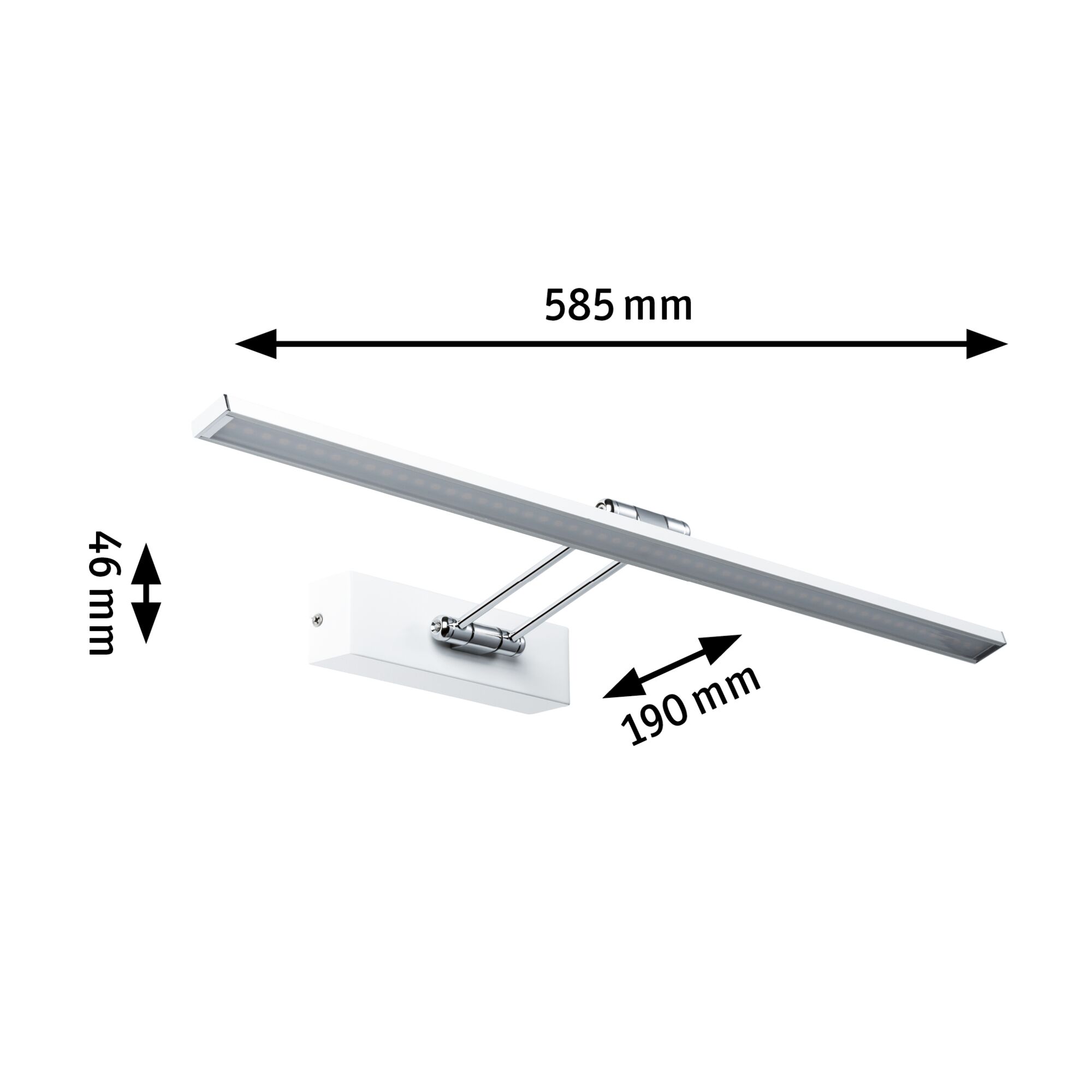 White metal LED picture light with adjustable arm, dimensions 585x190x46 mm for wall mounting